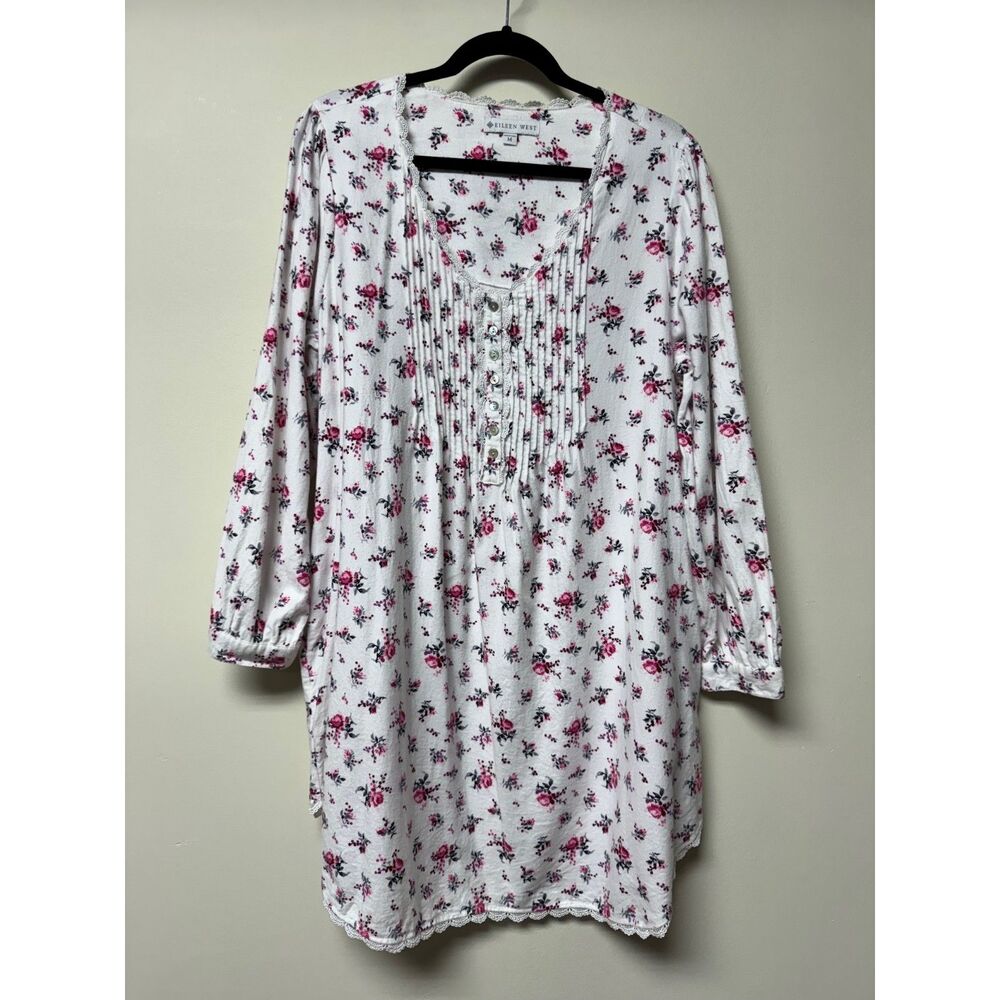 EILEEN WEST Cotton/Rayon Flannel Pintuck Lace Trim Long Sleeve Nightgown, Sz M